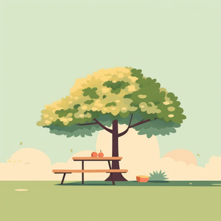 Picnic under the shadow of a big tree on a bright, sunny day out in the park. flat style illustration.の素材
