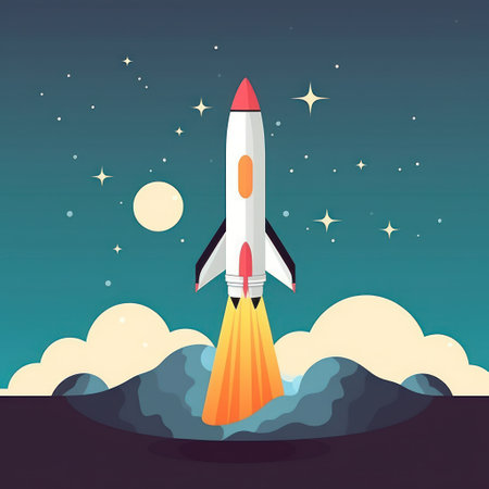 Rocket launch in the sky flying over clouds. Space ship in smoke clouds. Business concept. Start up template. Simple modern flat cartoon design. Space travel.の素材