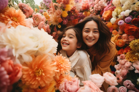 Happy mother's day. Child daughter and her mother smiling happily surrounded by a huge array of flowers. Spring summer time, flower market with fresh flowers - generative AIの素材