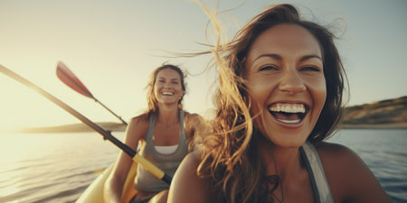 Smiling young woman kayaking on a lake. Happy young woman canoeing in a lake on a summer day. Two smiling friends kayaking on a lake together during summer break. Having fun on a kayak - generative AIの素材