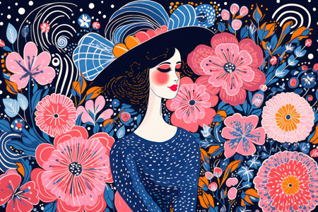 Contemporary art modern Female face portrait with hat, flowers and leaves. Concept of hand drawn beauty woman. 8 March. International Happy Women's Day.の素材