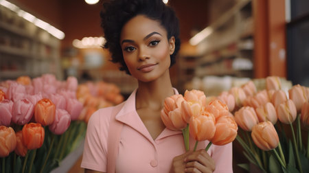 Happy girl holding bouquet of pastel white, yellow, pink. peach fuzz tulips on blue. International Woman's Day. 8 March. Happy woman enjoy bouquet of tulips. Allergy freeの素材
