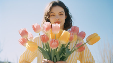 International Women's Day. 8 march. Extremely happy woman with a bunch of spring flowers. Spring flowers. Woman holds a bouquet of white, pink, yellow, peach fuzz tulips.の素材