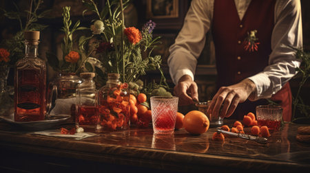 man bartender hand making negroni cocktail. Negroni classic cocktail and gin short drink with sweet vermouth, red bitter liqueurの素材