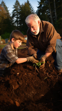 A man with little kid from a outdoor compost bin to use in the garden. The compost bin is placed in a home garden to recycle organic waste. Environmentally friendly protection and reduce pollutionの素材