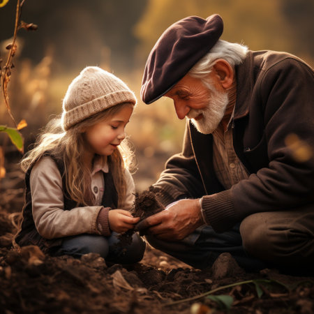 Small girl with senior grandfather in the backyard garden, gardening. Grandfather gardening and teaching granddaughter take care plant indoorsの素材