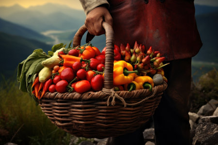 A man farmer holds vegetables in his basket. Female harvesting vegetables organic at farm, Harvested season vegetables, Organic farming for healthy lifestyleの素材