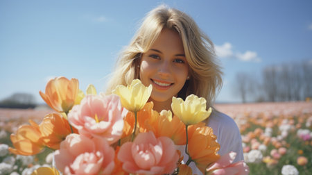 Happy girl holding bouquet of pastel white, yellow, pink. peach fuzz tulips on blue. International Woman's Day. 8 March. Happy woman enjoy bouquet of tulips. Allergy freeの素材