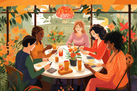 Smiling women friends. Group of girl friends meeting for coffee and talk, Happy Women's day. Flowers. Hobby and rest time. Activityの素材