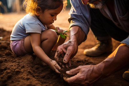 Small girl with senior grandfather in the backyard garden, gardening. Grandfather gardening and teaching granddaughter take care plant indoorsの素材