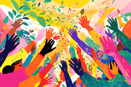Happy Women's day. colorful Concept of feminine power, feminism, equality, tolerance. Women raised their hand up to the sky. March 8. Spring holidays, collaborative activity,の素材