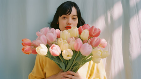 International Women's Day. 8 march. Extremely happy woman with a bunch of spring flowers. Spring flowers. Woman holds a bouquet of white, pink, yellow, peach fuzz tulips.の素材