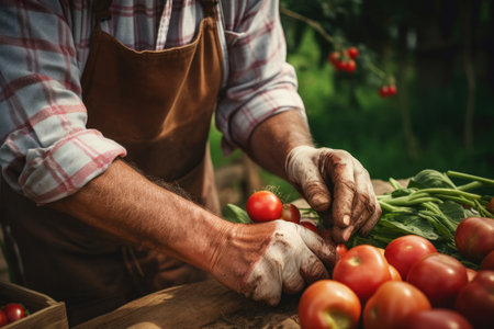 Farmer ripening tomatoes from garden, organic and healthy local product. farmer hands with fresh red tomatoes. Freshly harvested tomatoes in farmers hands.の素材