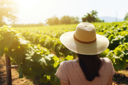 woman farmer walking on field. Back view portrait of young woman walking across field, wearing straw hatの素材