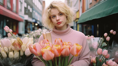 Pretty smiling woman is holding a bouquet of tulip flowers. International Women's Day. March 8. Mother's day. Celebration, party holidays and fun concept. Silly happy birthday girlの素材