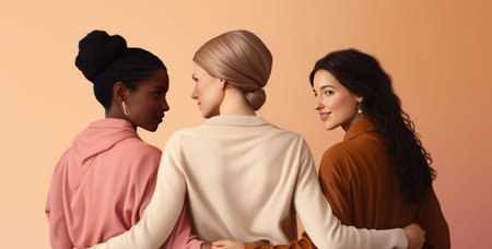 Women of different ethnicities and cultures stand side by side together. Strong and brave girls support each other and feminist movement. Sisterhood and females friendship. Happy Women's dayの素材