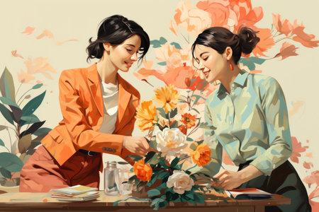 Women with flowers. Sisterhood and females friendship. Happy Women's day. March 8の素材