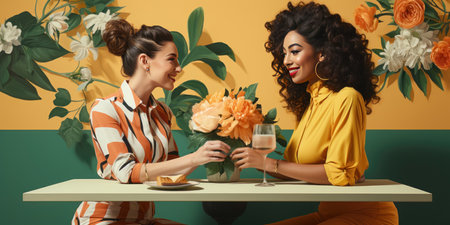 Women with flowers. Sisterhood and females friendship. Happy Women's day. March 8. Women of different ethnicities and cultures. Happy meetings.の素材