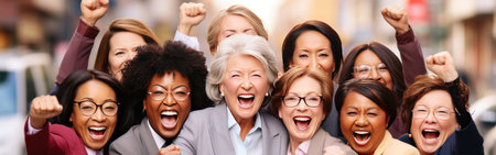 Smiling aged businesswomen with colleague at team meeting, Happy attentive female team. International Women's Day. March 8. Sisterhood and females friendship. Happy Mother's dayの素材