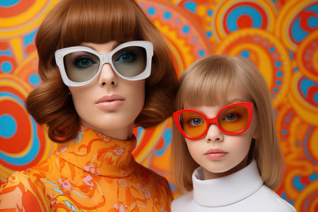 Smiling stylish young mother and child in 60s 80s vintage suit, happy mother's day, happy women's day, family portraitの素材