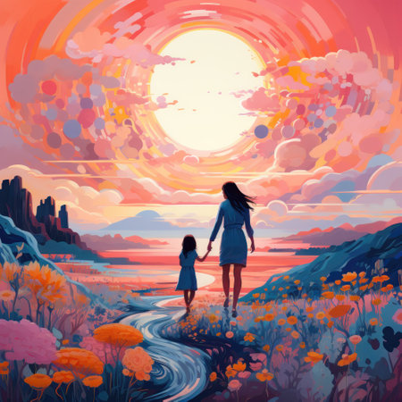 Mother and daughter on the flower field. Family Love and Countryside Landscape. Nature Flower Field. Beautiful child girl with young mother are wearing casual clothes. Happy Mother's day. back viewの素材