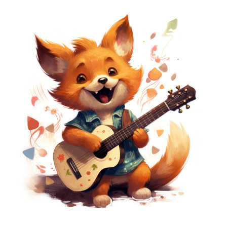 Cute fox playing guitar with flower wreath, summer time cartoon illustration. foxy little musicianの素材