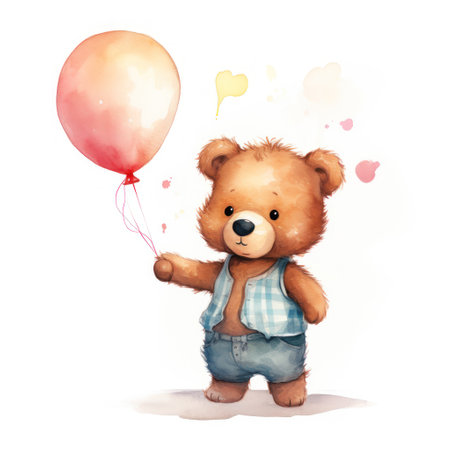 Teddy bear and happy birthday balloons. Boy Teddy Bear Hanging from a Balloonsの素材