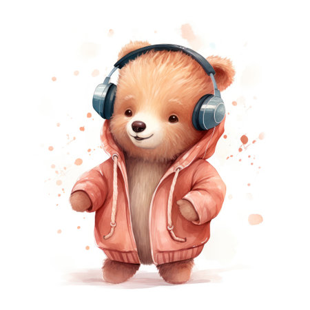 Cute Teddy Bear in casual style with headphones. Bear listening a musicの素材