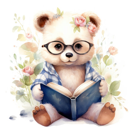 cute polar teddy boy bear with glasses reading a book, flower backgroundの素材