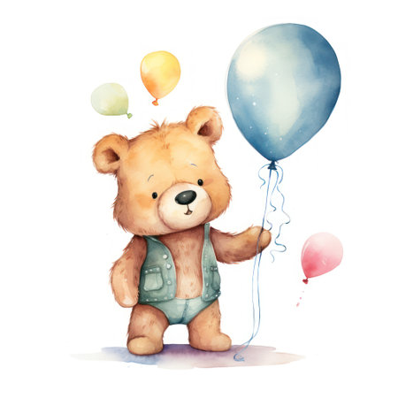 Teddy bear and happy birthday balloons. Boy Teddy Bear Hanging from a Balloonsの素材
