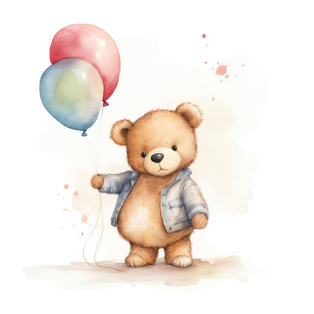 Teddy bear and happy birthday balloons. Boy Teddy Bear Hanging from a Balloonsの素材