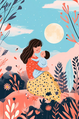 Mother and daughter on the flower field. Family Love and Countryside Landscape. Nature Flower Field. Beautiful child girl with young mother are wearing casual clothes. Happy Mother's dayの素材