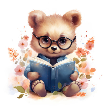 cute teddy bear with glasses reading a book, flower backgroundの素材