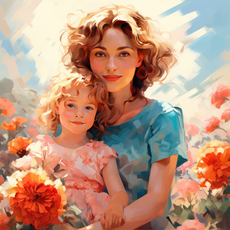 Mother and daughter. Hugs. Family Love and Countryside Landscape. Nature Flower Field. Beautiful child girl with young mother. Happy Mother's day digital paintingの素材