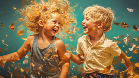 Cheerful ethnic child with curly hair, running around in the confetti, paper confetti at camera on sunny day. Happy holidays.の素材