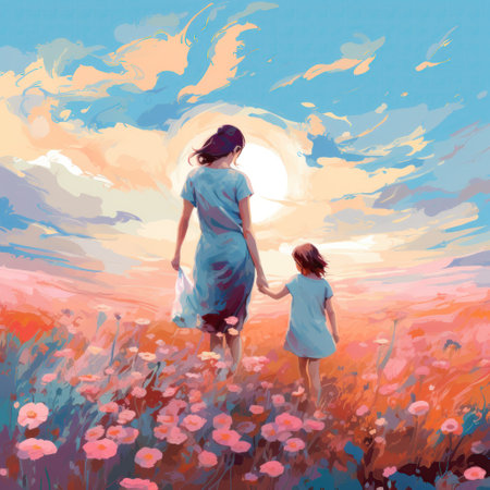 Mother and daughter. Hugs. Family Love and Countryside Landscape. Nature Flower Field. Beautiful child girl with young mother. Happy Mother's day digital paintingの素材