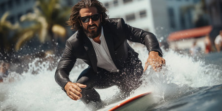 Professional surfer riding waves. man catching waves in ocean Surfing action water board sport. Water sport. Beach swimming activity on summer vacation. extreme sport. surfing at sunset timeの素材