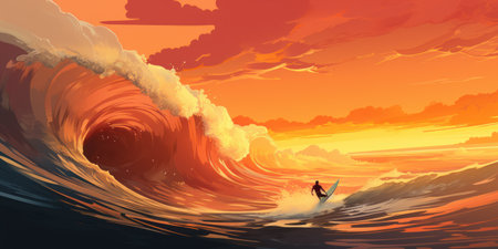 Professional surfer riding waves. man catching waves in ocean Surfing action water board sport. Water sport. Beach swimming activity on summer vacation. extreme sport. surfing at sunset timeの素材