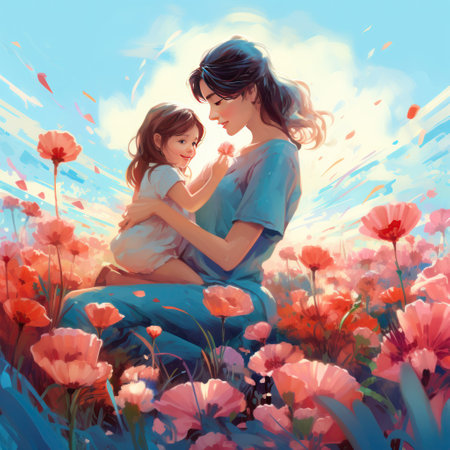 Mother and daughter. Hugs. Family Love and Countryside Landscape. Nature Flower Field. Beautiful child girl with young mother. Happy Mother's day digital paintingの素材