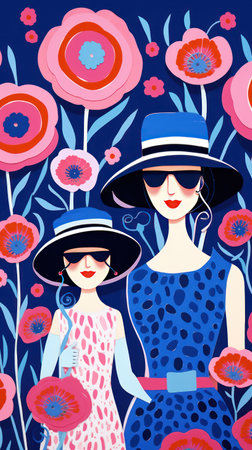 Mother hugging her daughter. Happy Mother's day Greeting card with beautiful woman holding her kid girl. Happy Mother's day greeting card. Flat bright pink blue colorsの素材
