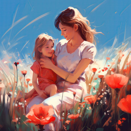 Mother and daughter. Hugs. Family Love and Countryside Landscape. Nature Flower Field. Beautiful child girl with young mother. Happy Mother's day digital paintingの素材