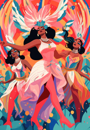 Brazilian Carnival. Group of friends celebrating carnival party, samba dance and music festival, Rio de Janeiro carnival, national holiday posterの素材