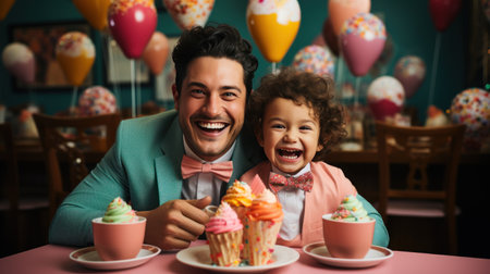 Father and son enjoying time together in cafe eating desserts. Happy Birthday party. Happy Father's dayの素材