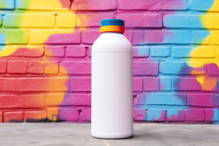plastic bottle on colorful block background realistic mockup. Liquid product packaging mock-upの素材