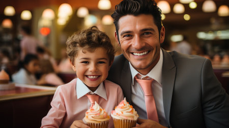 Father and son enjoying time together in cafe eating desserts. Happy Birthday party. Happy Father's dayの素材
