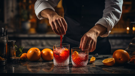 man bartender hand making negroni cocktail. Negroni classic cocktail and gin short drink with sweet vermouth, red bitter liqueurの素材