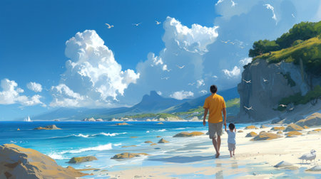 Happy Father's day. Cute boy with dad playing outdoor. Father and son holding hands while walking on sand at beachの素材