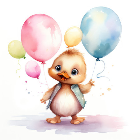 Little Yellow Duck Chick hold balloon. Cute animal character Illustration. Happy birthdayの素材