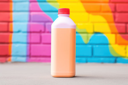 plastic bottle on colorful block background realistic mockup. Liquid product packaging mock-upの素材