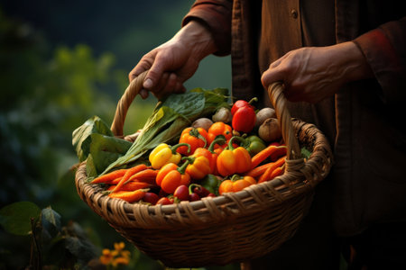 A man farmer holds vegetables in his basket. Female harvesting vegetables organic at farm, Harvested season vegetables, Organic farming for healthy lifestyleの素材